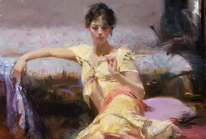 意大利画家皮诺·德埃尼，身着柔滑裙装的美女，娇美迷人，让人一见倾心！