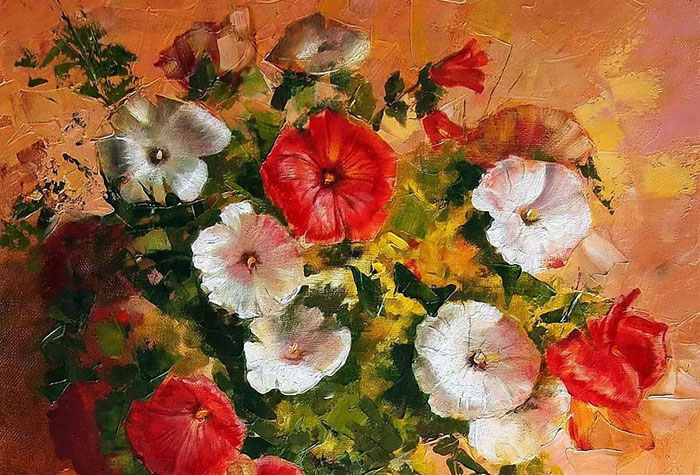 俄罗斯画家瓦伦蒂诺维奇作品，油画与水粉的交融，不一样的花卉