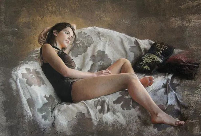 法国女画家娜塔莉·皮库莱特粉彩作品欣赏，女性之美，细腻柔和