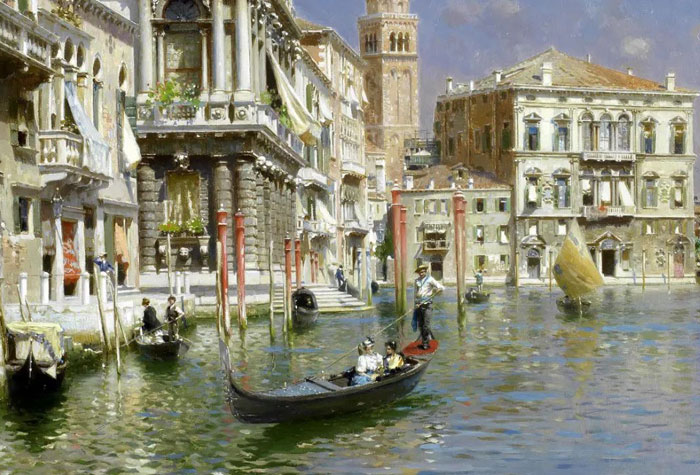 意大利画家鲁本斯·桑托罗油画作品，祥和宁静的威尼斯分光